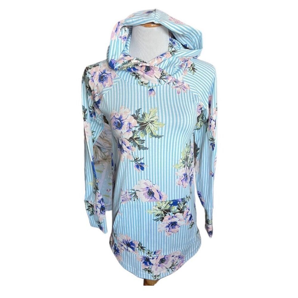 Womens Lularoe Amber Striped Floral Print Hoodie Hooded Top  - Sz XS